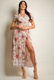 Beige Vintage Floral Print Wrap Maxi Dress
