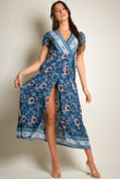 Blue Vintage Floral Print Wrap Maxi Dress