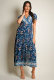 Blue Vintage Floral Print Wrap Maxi Dress