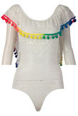 Cream Crochet Rainbow Pom Pom Bodysuit