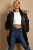 Black Longline Bomber Jacket With Fur Trim