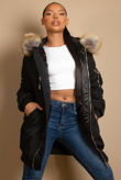 Black Longline Bomber Jacket With Fur Trim