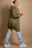 Khaki Longline Bomber Jacket With Fur Trim