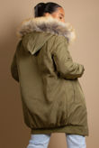 Khaki Longline Bomber Jacket With Fur Trim