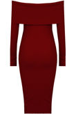 Wine Bardot Fold Over Midi Dress