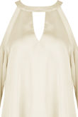 Beige Satin Cold Shoulder Front Cut Out Blouse