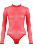 Red Mock Neck Sheer Mesh Bodysuit