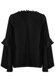 Black Flower Neckline Pleated Sleeves Blouse