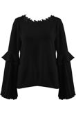 Black Flower Neckline Pleated Sleeves Blouse