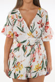 White Floral Print Side Knotted Wrap Up Playsuit