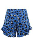 Blue Leopard Frill Hem Shorts