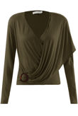 Khaki Ribbed O Ring Shawl Overlap Blouse
