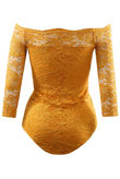 Mustard Off The Shoulder Lace Overlay Bodysuit
