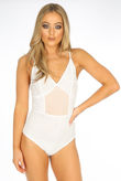 Round Grid Lace Bodysuits white