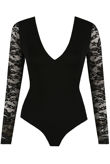 Black Floral Lace Trim Long Sleeves Bodysuit
