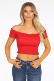 Red Shirred Jersey Bardot Crop Top