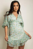 Green Floral Print Button Trim V Neck Mini Dress