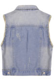 Blue Denim Waistcoat With Black Crosses & Frayed Detail