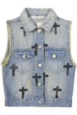 Blue Denim Waistcoat With Black Crosses & Frayed Detail