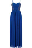 Blue Diamante Stud Detailed Front Slit Maxi Dress