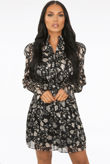 Black Floral Print High Neck Button Up Shift Dress