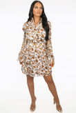 White Floral Print High Neck Button Up Shift Dress