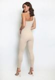 Beige High Neck Cut Out Ribbed Unitard