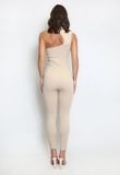 Beige High Neck Cut Out Ribbed Unitard