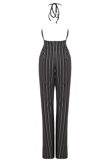 Black Plunge Striped Monochrome Halter Jumpsuit
