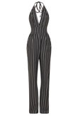 Black Plunge Striped Monochrome Halter Jumpsuit