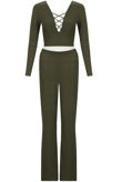 Khaki Front Cut Out Tops & Palazzo Trouser Set