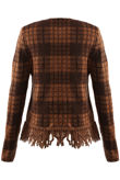 Green and Brown Check Fringe Trim Open Cardigan