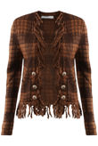 Green and Brown Check Fringe Trim Open Cardigan