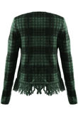 Green Check Fringe Trim Open Cardigan