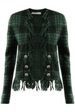Green Check Fringe Trim Open Cardigan
