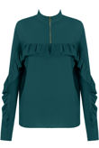 Green Zip Up High Neck Frilled Trim Tops