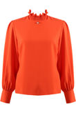 Orange Ring Pearl Trim High Neck Blouse 