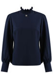 Navy Ring Pearl Trim High Neck Blouse 