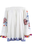 White Off Shoulder Embroidered Pom Pom Blouse