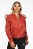 Rust Polka Dot Mesh Sleeve Bomber Jacket 