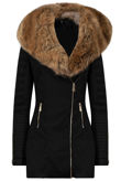Black PU Patch Work Golden Fur Collar Long Jacket