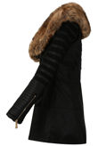 Black PU Patch Work Golden Fur Collar Long Jacket