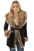 Black Suede Fur Trim Longline Tie Up Coat