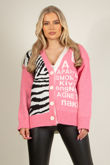 Fuchsia Zebra Print Slogan Cardigan