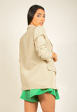 Beige Plain Ruched Sleeve Open Blazer
