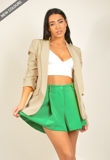 Beige Plain Ruched Sleeve Open Blazer