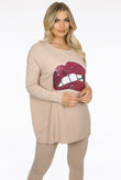 Beige Sequin Lips Trim Loungewear