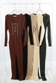 Beige Diamante Tie Knitted Unitard