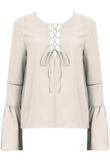 Cream Lace Up Front Bell Sleeve Blouse