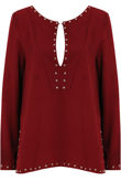 Wine Studded Detail Long Sleeve Tops